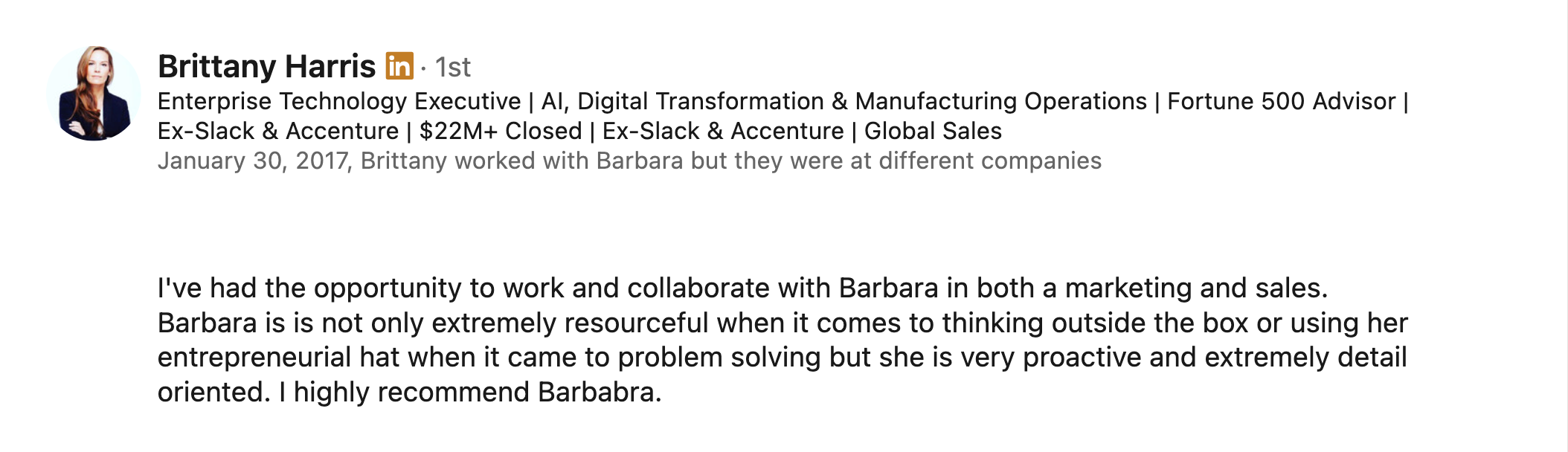 Brittany Harris LinkedIn recommendation